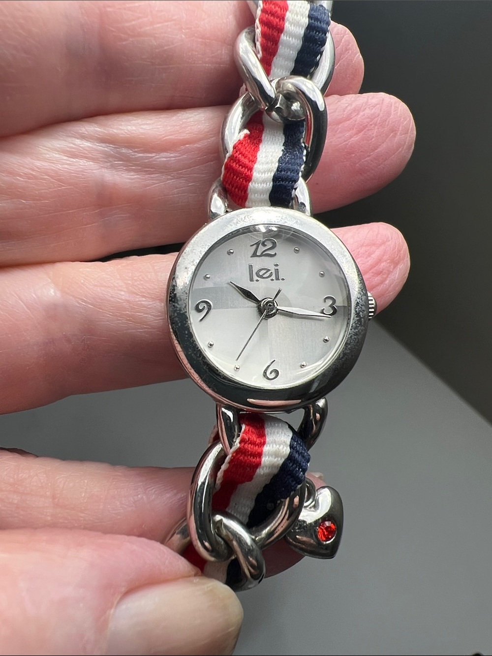 lei Silver Round Watch with Red White Navy Ribbon Strap - Working Watch